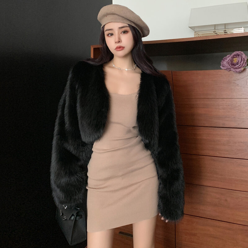 Koreaanse Mode Meisjes Bont Vest Kort Gesneden Losse Lange Mouwen Winter Warm Heet Verkopen Nepbont Jas Effen Kleur Kantoor Dame Jas