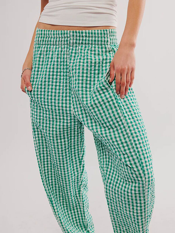 Pantaloni da pigiama in lino da donna pantaloni da salotto con stampa scozzese a righe a gamba larga elasticizzata in vita pantaloni larghi casuali che escono