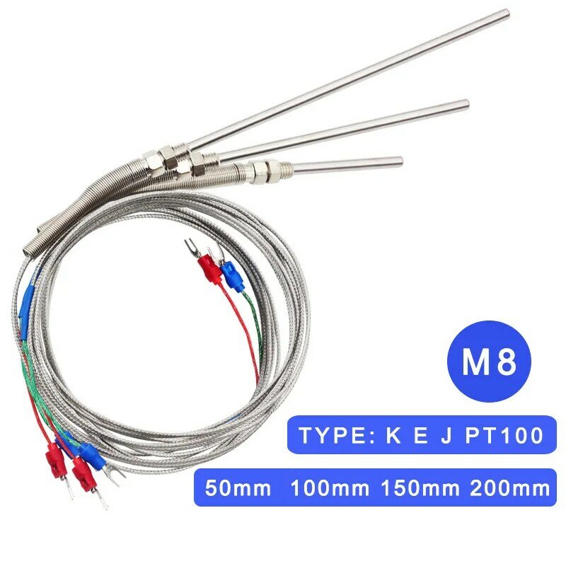 Thermokoppel M8 1M 2M 3M 4M 5M Type K E J PT100 50Mm 150mm 100Mm 200Mm Probe Schroefdraad Kabel Temperatuursensor 0-800 ℃