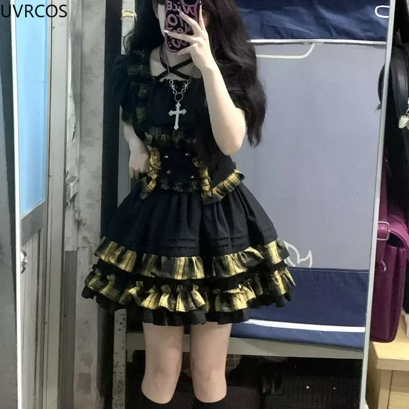 Harajuku gotycka krata sukienka Lolita zestaw damski wiktoriańska koronka krótkie bluzki falbany Mini ciasto spódnica Kawaii Y2k Cosplay gorący dziewczęcy garnitur