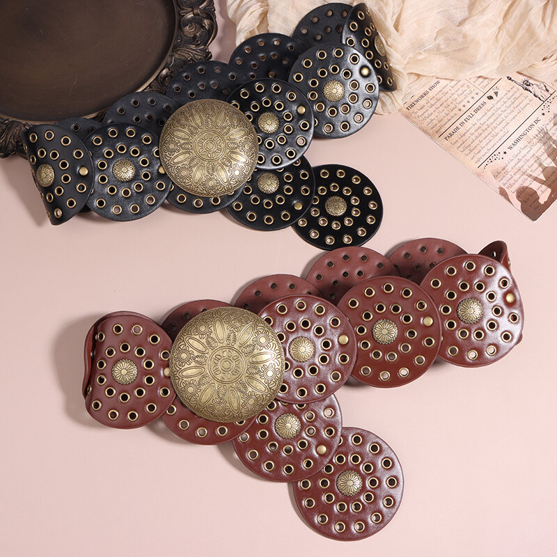Cinturón vaquero occidental Vintage para mujer, cinturones redondos personalizados de cuero PU de alta calidad, cintura ancha de tendencia para mujer