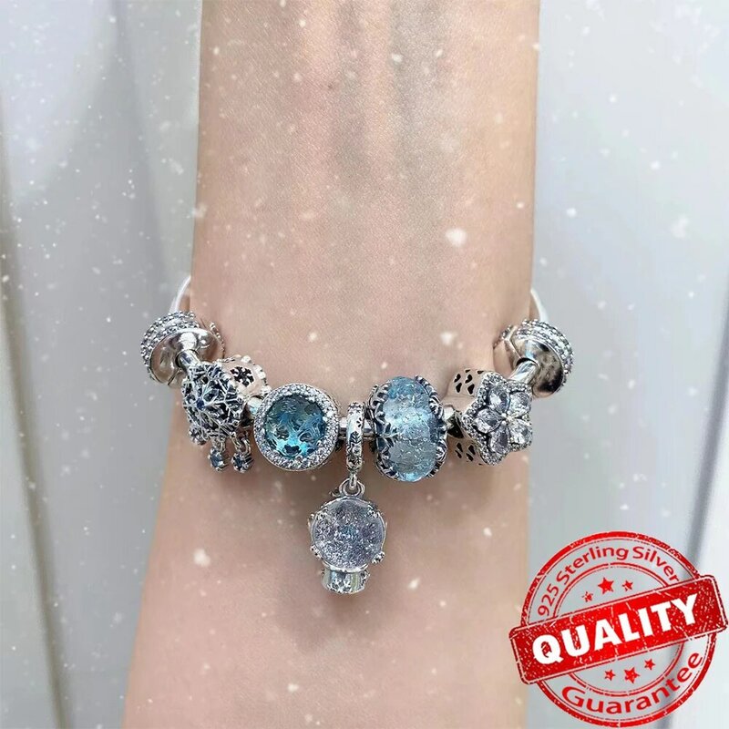 Potongan Harga 925 Perak Murni Kepingan Salju Bola Salju Menjuntai Jimat Cocok Asli Pandora Gelang Manik DIY Membuat Perhiasan Wanita