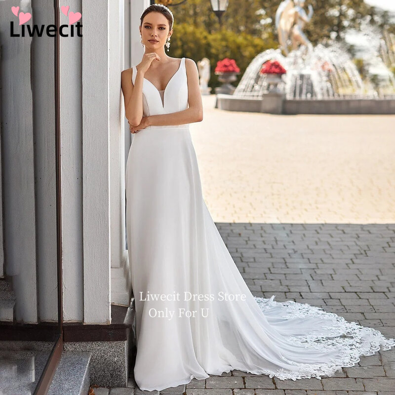 Liwecit proste suknie ślubne aplikacje z szyfonu o linii długa ślubna Vestido De Noiva Gelinlik ślubna szata zaręczynowa Mariee
