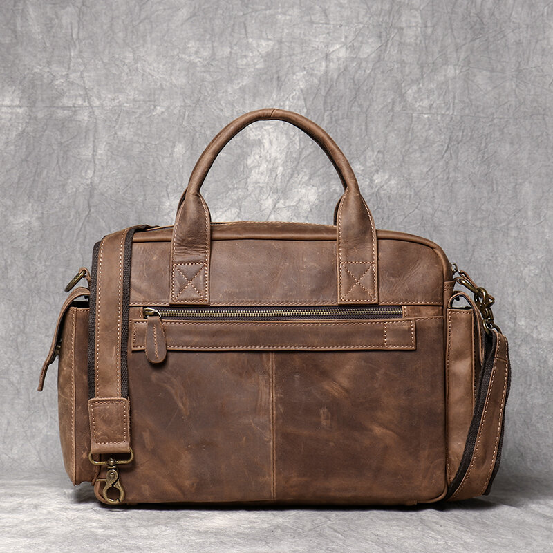 Leathfocus Men's Crazy Horse Leather Handbag Vintage Casual Shoulder Crossbody 12.8-inch Laptop Bag Men Business Briefcase