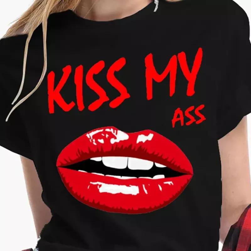 Y2k krótkie rękawy letnie luźny T-shirt damskie t-shirt Sexy pocałunek usta z napisem śmieszna czarna koszulka miękki T-shirt graficzna bawełniana koszulka