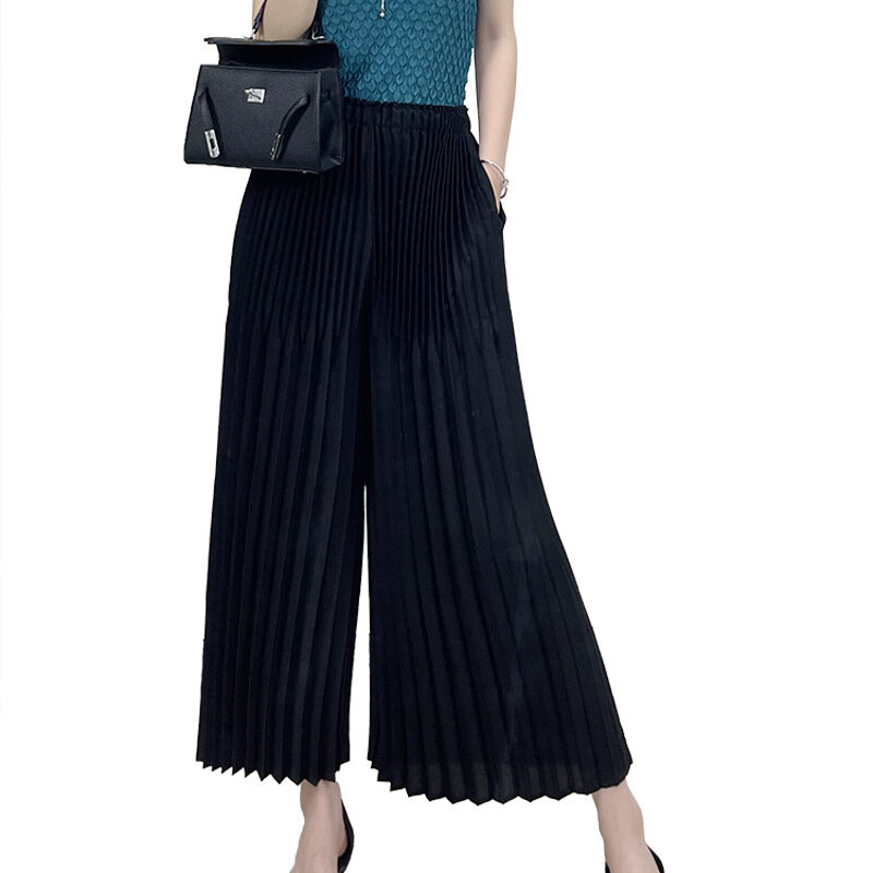 2024 New Pleated Sunpleat Miyake Wide Leg Pants Casual Nine-Point Pants Loose and Versatile Fat MM Plus Size Women's Clothing
