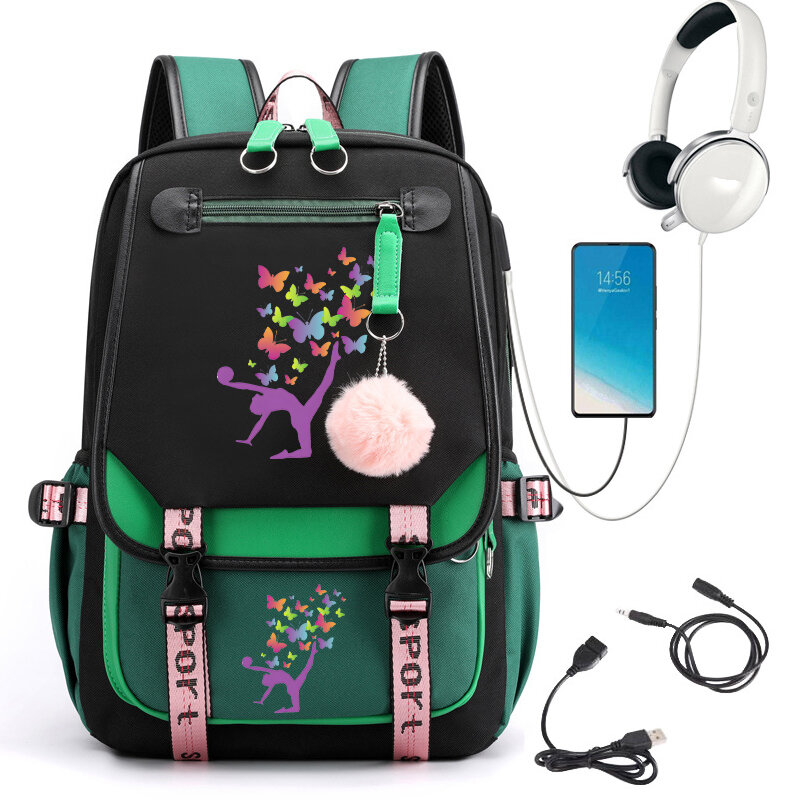 Sac à dos imprimé papillon pour filles, sac à dos mignon Kawaii, sac à dos pour élèves du primaire, sac d'école USB pour filles, cartable