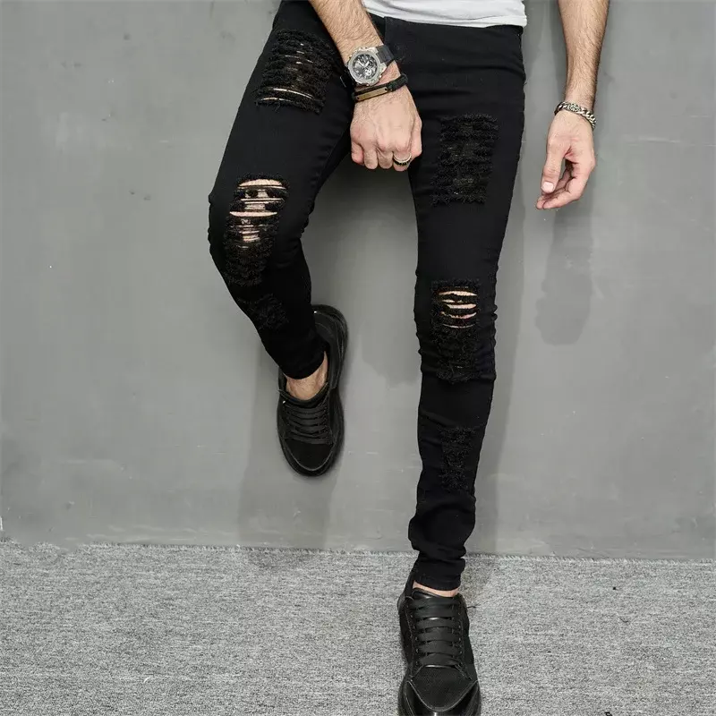 Jeans skinny noirs pour hommes, pantalons en denim crayon, jogging, leggings décontractés, streetwear, printemps