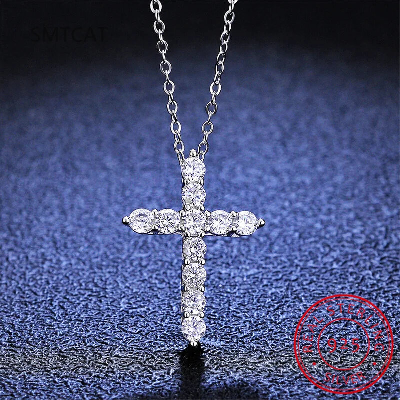 3.0mm 4mm Moissanite Necklace 925 Sterling Silver Cross Pendants Necklace for Women Engagement Bridal Fine Jewelry
