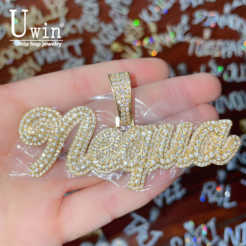 Uwin personalizado baguette corrente cursiva carta com iced para fora nome colar corrente zircônia cúbica moda hiphop jóias