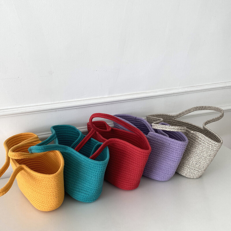 Bolso de mano de hombro de cuerda de algodón tejido a mano, bolsos pequeños abiertos, hechos a mano puros, color sólido, minimalista coreano, moda