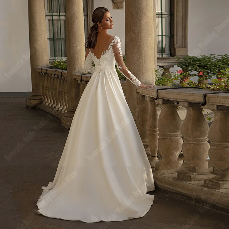 Женское свадебное платье с длинным рукавом, длинное ТРАПЕЦИЕВИДНОЕ ПЛАТЬЕ С кружевной аппликацией