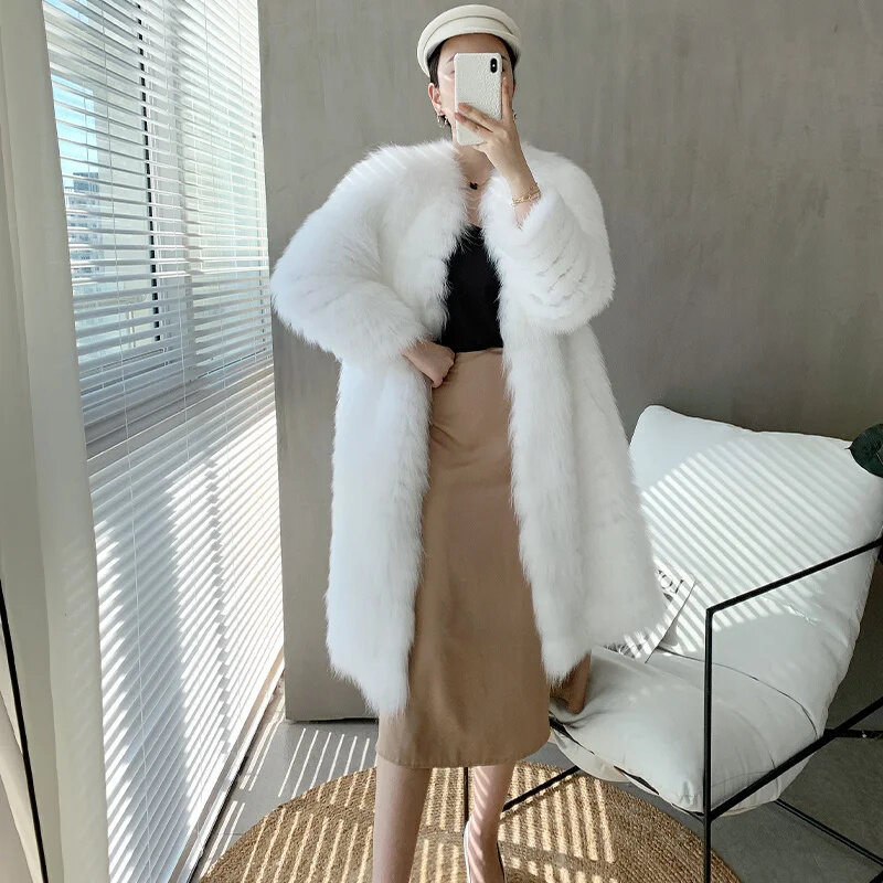 Jaqueta longa de pele natural feminina, sobretudo costurado com tira Real Fox, casaco elegante na moda, outono, inverno