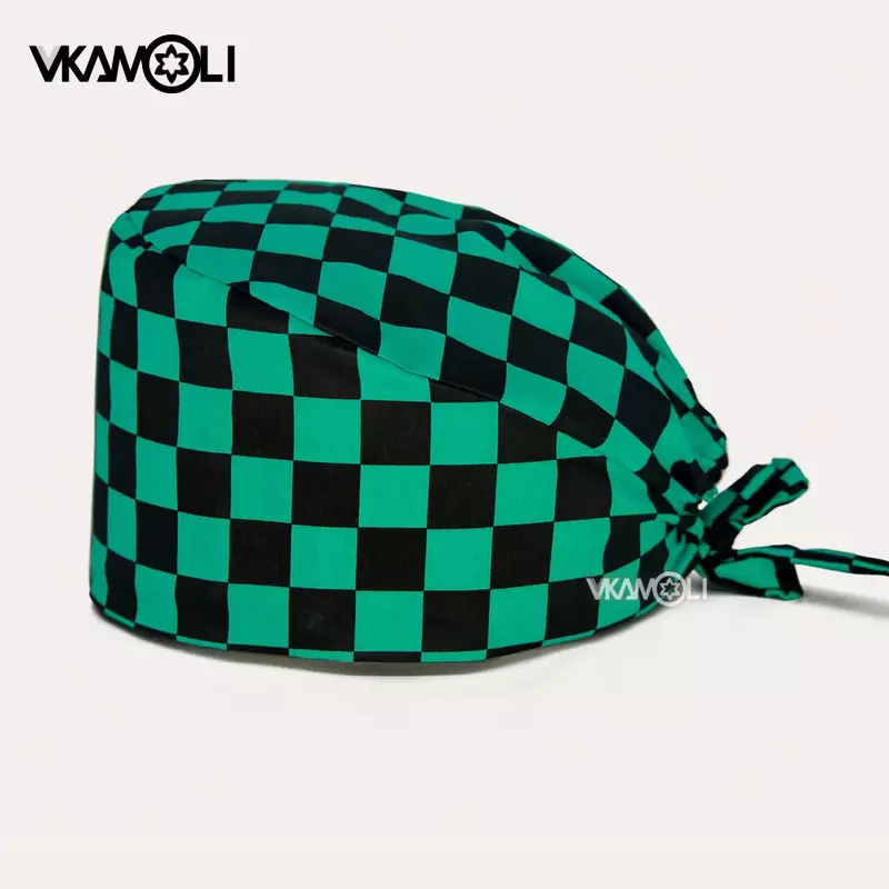 Green check print surgery cap women Cotton breathable operating room cap lab works hat men and women nurse accessories