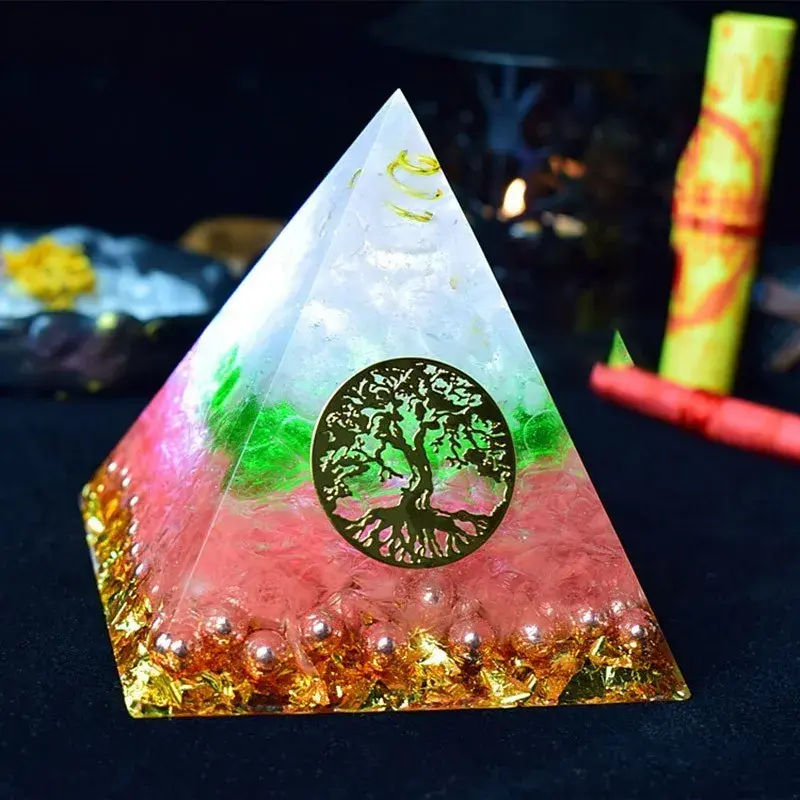 Natural Aura Crystal Orgonite Pyramid Bring Lucky Marriage Radiation Protection Resin Decorative Craft Jewelry Gift