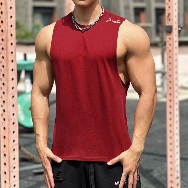 Camisola regata de algodão sem mangas masculina, ombro largo simples, gola redonda, streetwear casual, vermelho, moda ao ar livre