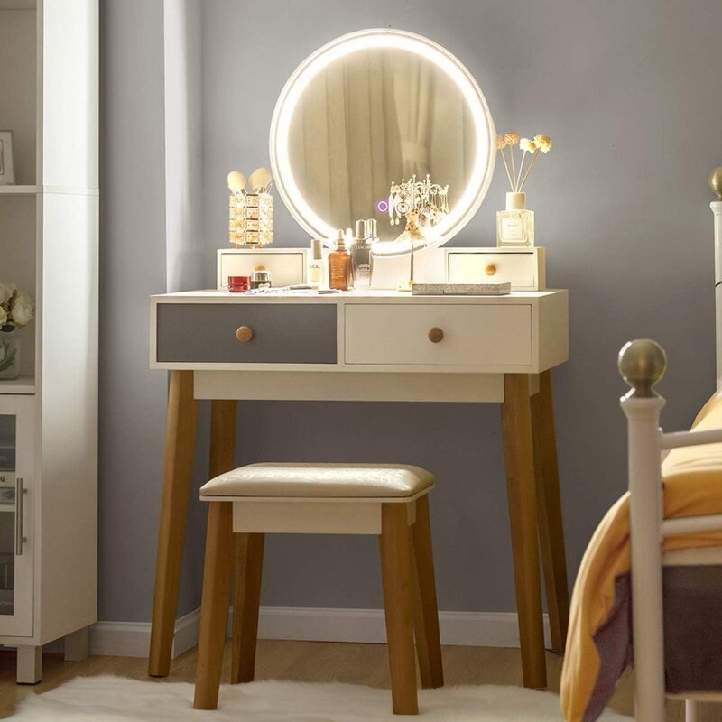 Zestaw próżności CHARMAID z podświetlonym lustrem, 3 kolorowe lustro z ekranem dotykowym, regulowana jasność, makijaż do sypialni