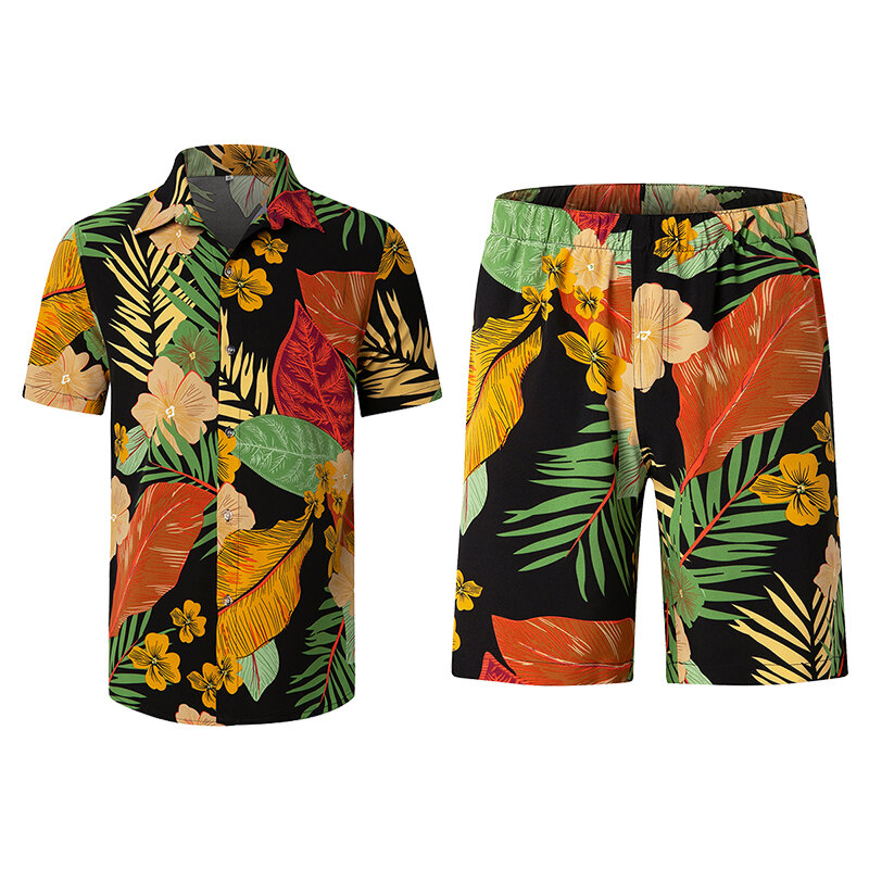 メンズフローラルプリント夏服,カジュアルボタンダウンシャツ,5クォーターショーツ,ビーチウェア,休暇,2枚セット