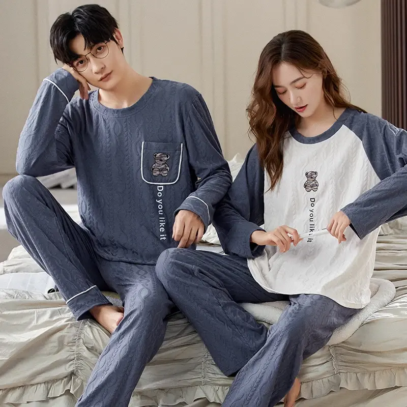 Весенне-осенняя Корейская Хлопковая пижама с длинным рукавом Повседневная Пижама с круглым вырезом для влюбленных пар Женская пижама мужские пижамы для пар
