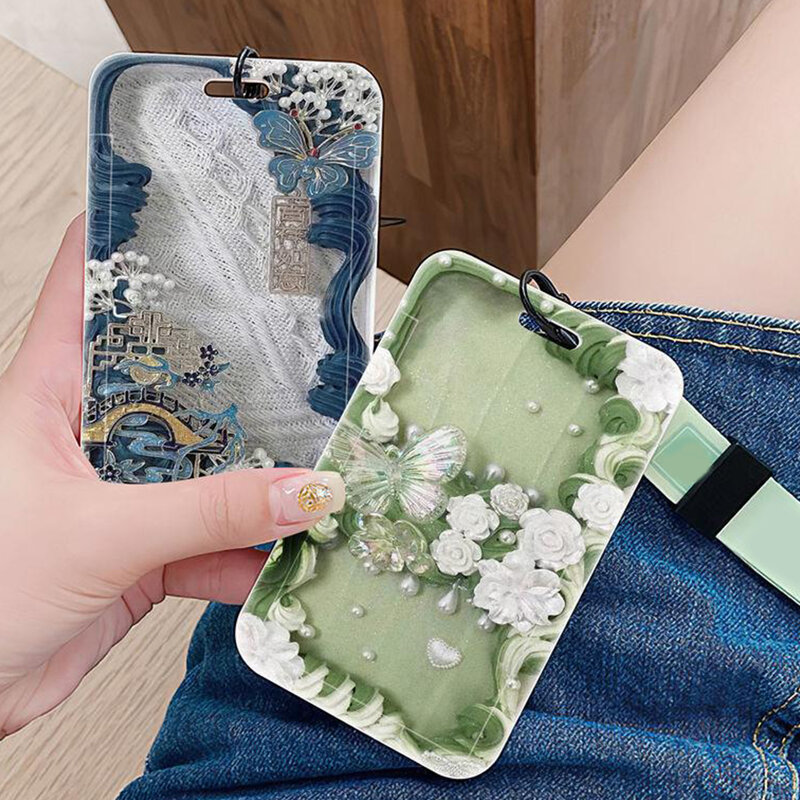 Plastic Card Sleeve Romantic Butterfly Pattern Bank ID Card Holders Students Women Landscape Bus Card Cover Case With Key Chain
