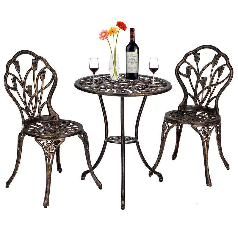 Conjunto e muebles d exterior de aluminio fundido, conjunto mesa y sillas estilo europeo, tulipán Bistro, bronce, 60x60x