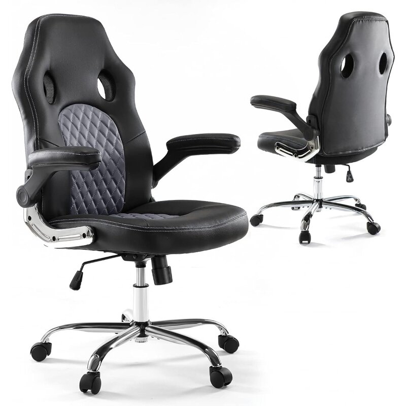Krzesło do biura domowego skóra PU ergonomiczna krzesło biurowe wyścigowa z regulowaną wysokością do połowy pleców krzesło biurowe z stabilizator lędźwiowy i odwróconym podłokietnikiem