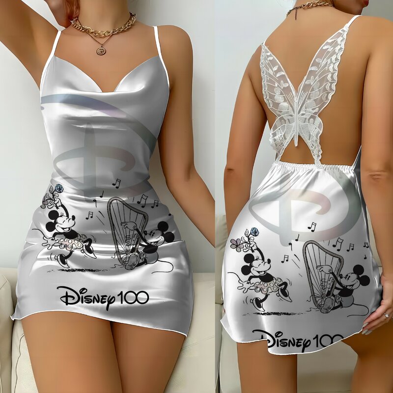 Gaun punggung terbuka untuk wanita, gaun terusan punggung terbuka simpul kupu-kupu Disney Mickey Minnie Mouse piyama rok Satin permukaan modis Musim Panas 2024 pesta Mini seksi untuk wanita