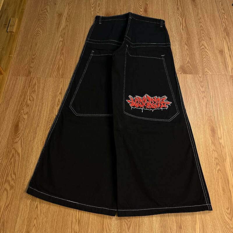 Wexwear-pantalones vaqueros holgados con bordado gráfico para hombre y mujer, ropa de calle Y2K, Pantalón ancho de cintura alta, Harajuku, pantalones de monopatín negros