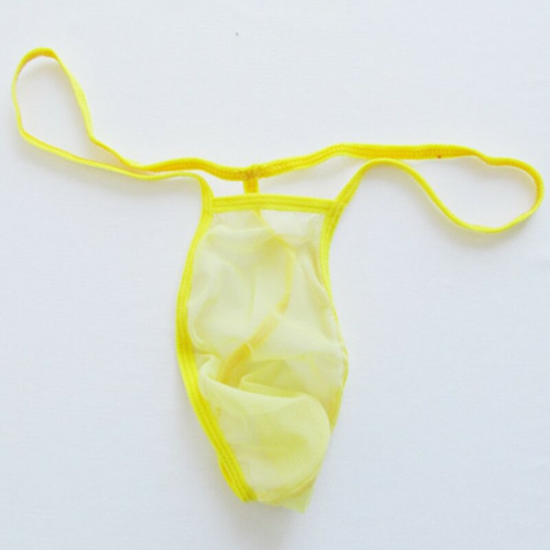 Celana dalam pria, tali dan G string cair regang kantong Thong pakaian dalam jala tembus pandang ultra-tipis Bikini pria Slip Homme