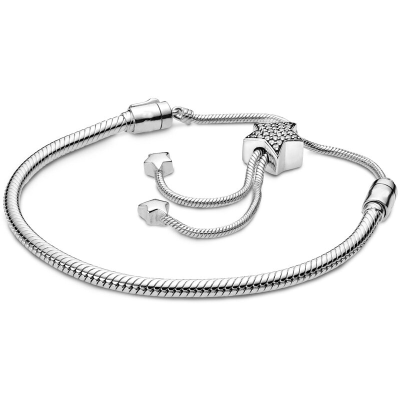 Oryginalny łańcuszek z ćwiekami i suwakiem w kształcie serca z zapięciami regulowana bransoletka 925 szterlingów srebrna bransoletka pasujący do modowego biżuteria z koralików