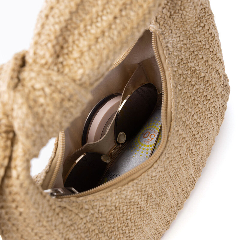 Bolsa de palha feminina com alça curva, bolsa casual meia-lua tecer papel, bolsas femininas pequenas, praia de verão, férias fofas, 2024