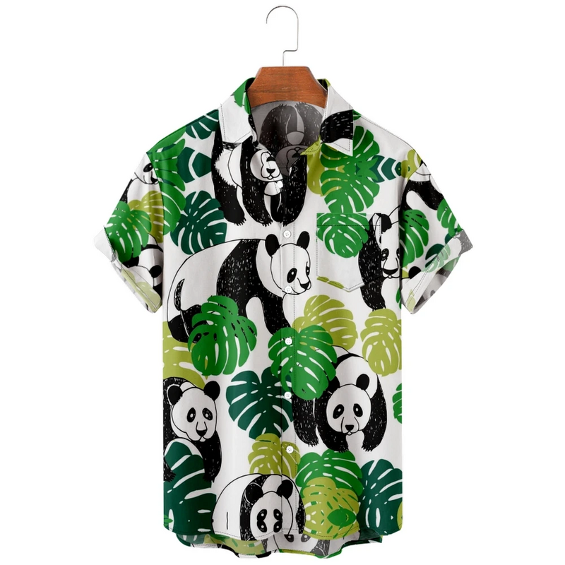 Hawaii kemeja lengan pendek pria, kemeja Panda musim semi musim panas, kemeja lengan pendek desain kancing modis nyaman lembut