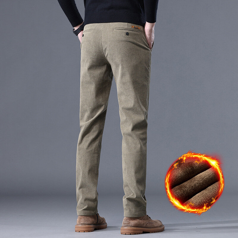 Winter Warm Casual Pants Men's High Quality Straight Slim Fleece Trousers Thicken Warm Business Work Pants Fashion Men Trousers
