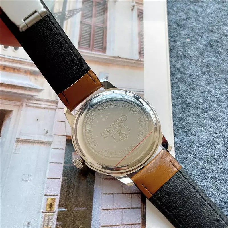 Часы Seiko мужские для свиданий, модные повседневные спортивные часы с кожаным ремешком, водонепроницаемые кварцевые часы