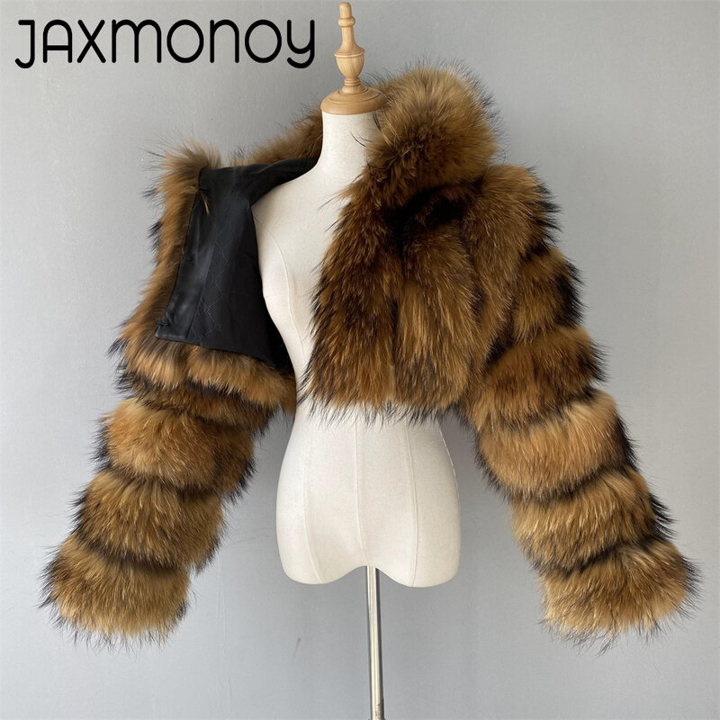 Женская Шуба из натурального меха енота Jaxmonoy, зимняя модная Шуба с капюшоном, роскошная теплая верхняя одежда с длинными рукавами, новый стиль