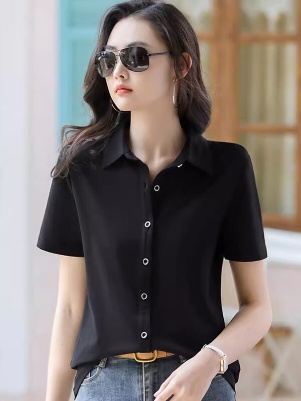 New Women Summer Cotton T-shirt Fashion Polo Collar Single Breasted Short Sleeve Tees Tops Simplicity Casual Loose T-shirt