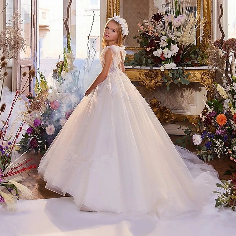 Ärmellose Applikation Spitze Blumen mädchen Kleid Ballkleid Tüll Festzug Prinzessin Kleider elegante Hochzeits feier Kleid für Kinder Gericht