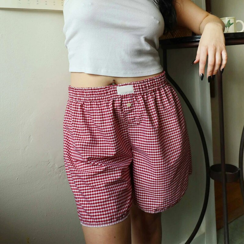 Celana pendek wanita, Y2K Vintage longgar pinggang elastis kasual musim panas warna Solid/kotak-kotak cetak celana pendek pantai klub malam Streetwear