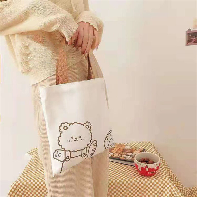 Bolsas de lona de urso fofas para mulheres sacola pequena e simples bolsa de pano de algodão bolsa feminina armazenamento ambiental macio sacola de compras reutilizável