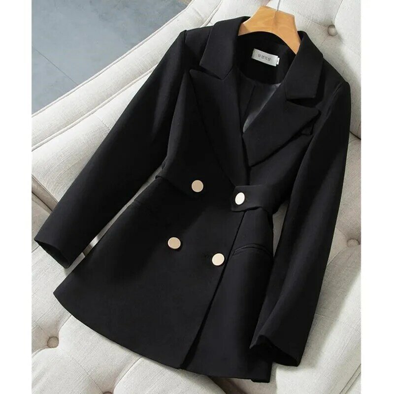 UHYTGF Spring/Autumn Blazers For Women Black/White Blazer Coat Female Double-breasted Jackets Long sleeve Invisible Pocket 1008