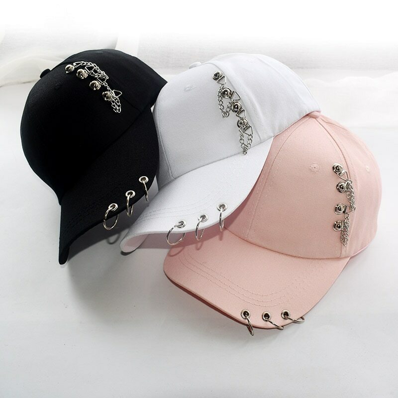 Men Women Fashion Baseball Adjustable Hip Hop Tour Hat Punk Street Metal Chain Ring Baseball Cap Casual Black White Pink Hats