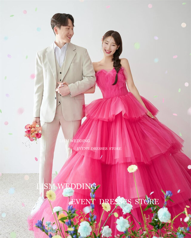 LISM-Vestidos de Noche coreanos de línea A, traje drapeado de tul de hada con volantes para sesión de fotos, boda, graduación, ocasiones formales, rosa roja, 2024