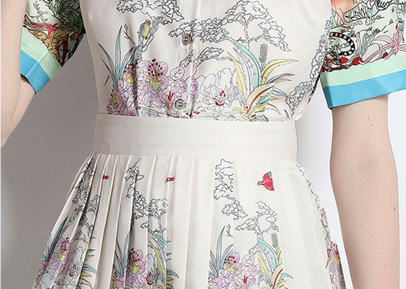 2022 Summer Elegant Flower Print gonne Suit camicia a maniche corte con risvolto Top + minigonna a pieghe con Mini abito da ballo Set 2 pezzi