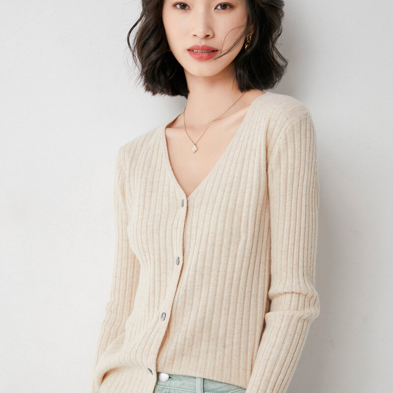 Spring Autumn Women's Cardigan Medium Thick Knit Sweater Versatile Top Korean V-neck Pit Strip Loose Long Sleeve Jacket Casual