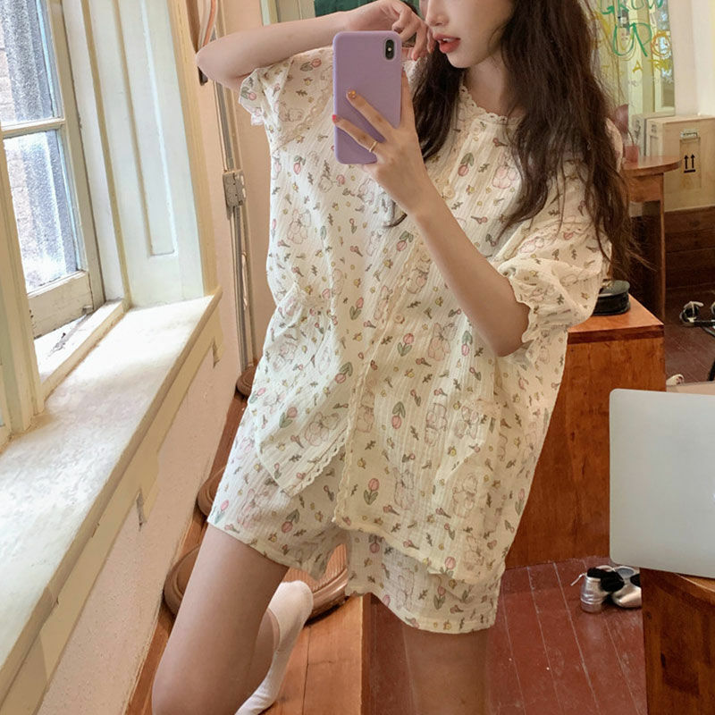 Kawaii Lace Sleepwear donna due pezzi set manica corta Cardigan Shorts pigiama set estate giapponese Loungewear Nightwear Print