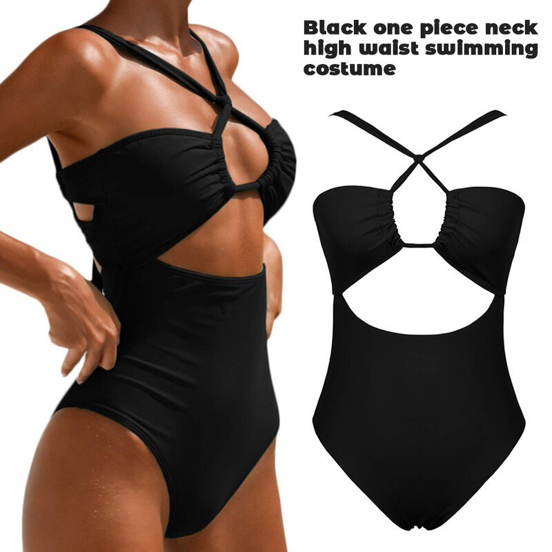 Damskie jednoczęściowe stroje kąpielowe wysokiej talii Backless wiszące szyi czarne stroje kąpielowe miękki materiał łatwy w noszeniu wygodny pasek bikini