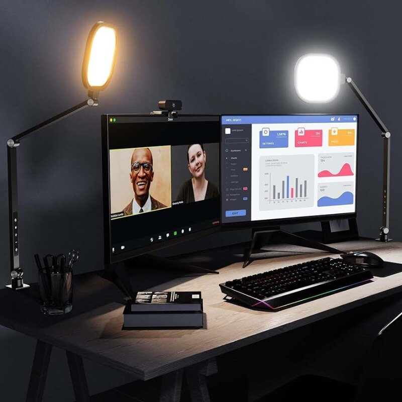 Luz de videoconferência para reunião, Luzes de mesa 15W com braçadeira para escritório em casa, Tecnologia de emissão lateral com Adj