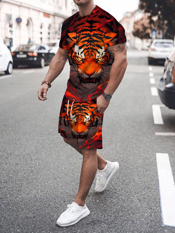 Men's Suit Summer Street Everyday Casual Men's Short Sleeve T-Shirt Outdoor Sports Loose and Comfortable Shorts 3D Animal Print