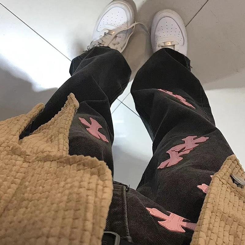 Jeans Cruz de rua de grandes dimensões feminino, calça larga, perna reta, varrição fina, versátil, cintura alta gorda, outono e inverno