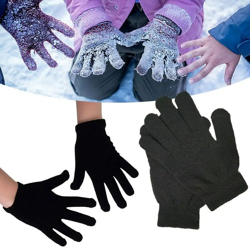 Детские перчатки, зимние перчатки для защиты рук от холода, теплые вязаные тканевые черные варежки с закрытыми пальцами для детей O3P8